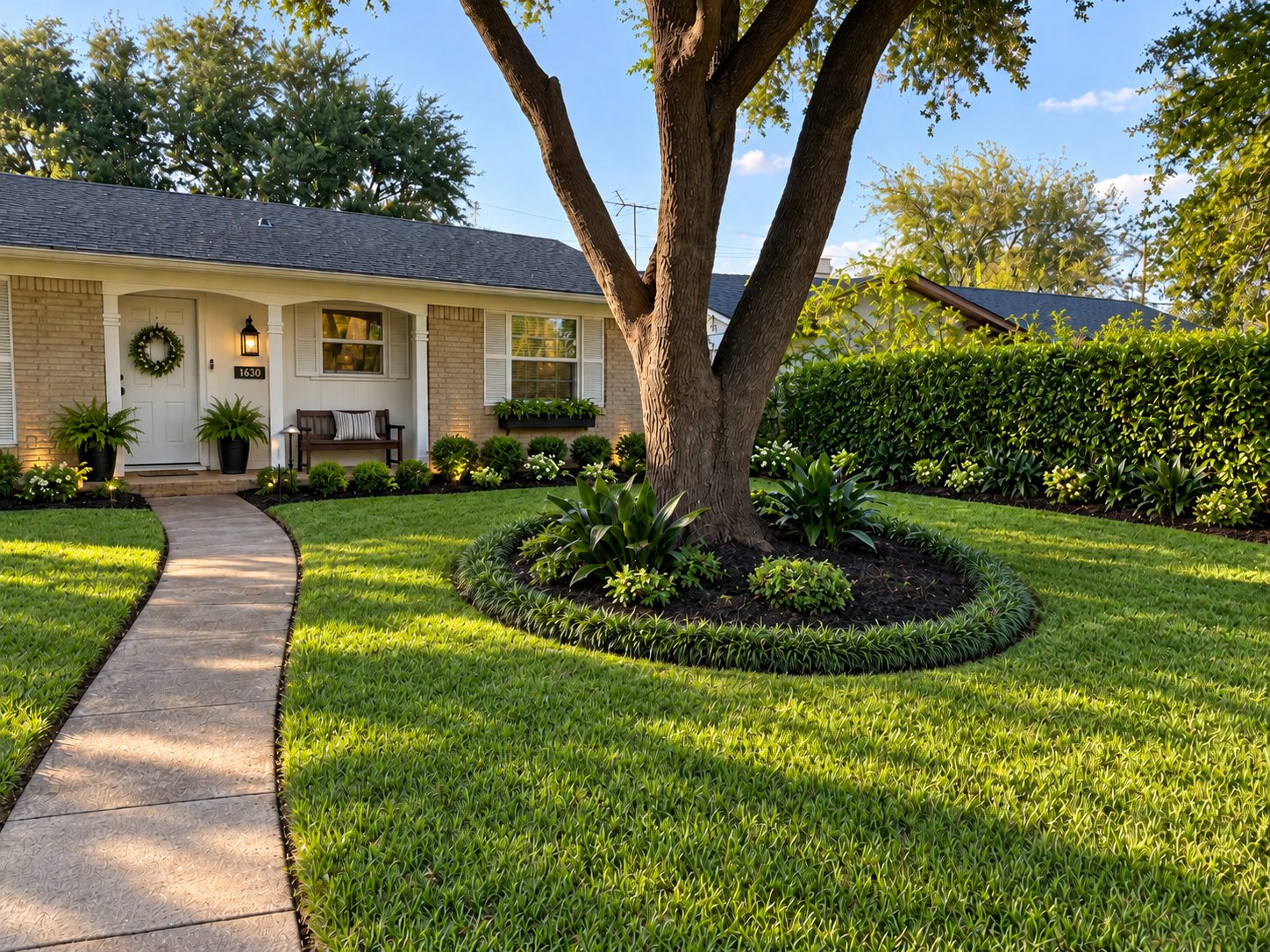 Manicured front lawn and mature shade tree at an East Dallas-area home