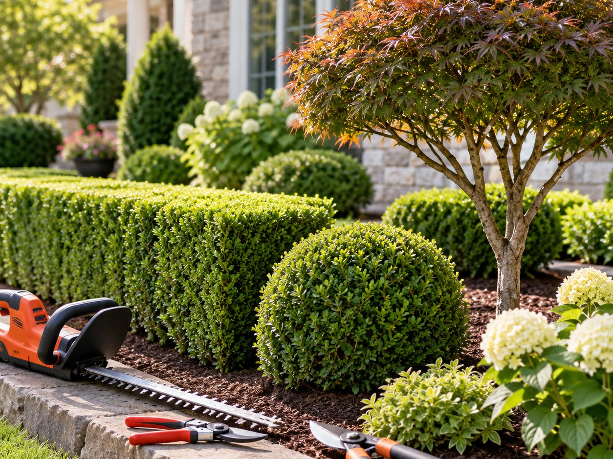 Manicured shrubs and hedges with hedge trimmers, pruning shears and loppers