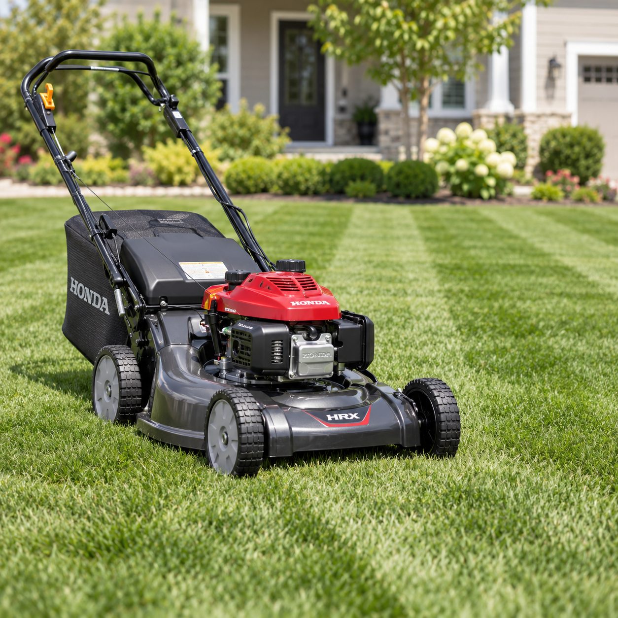 Mower positioned on a freshly mowed, clean residential lawn
