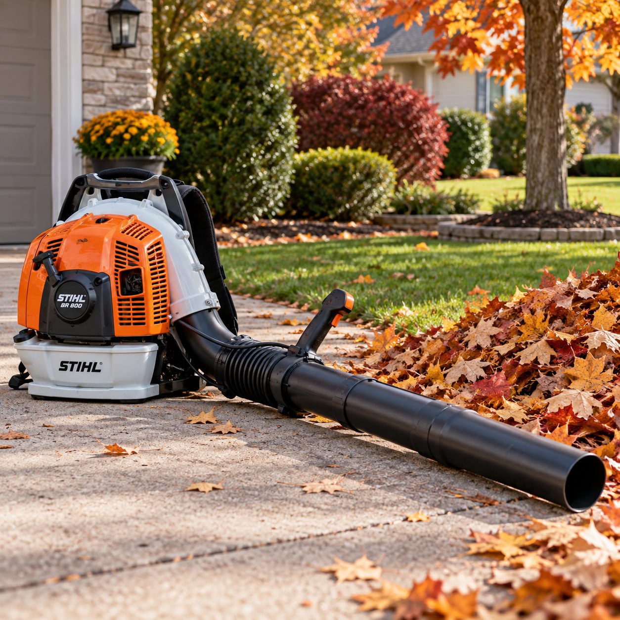 Backpack leaf blower positioned near a pile of collected fall leaves