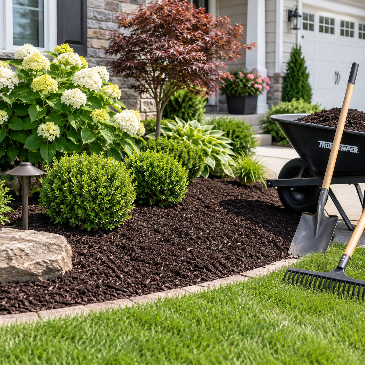 Freshly mulched landscape bed with wheelbarrow and landscaping tools